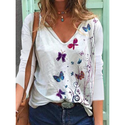 Women Butterfly Print V  neck Regular Fit Long Sleeve Casual T  Shirt