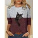 Women Contrast Color 3D Cat Print Long Sleeve O  Neck Casual T  Shirt