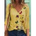 Women Butterfly Print V  neck Regular Fit Long Sleeve Casual T  Shirt