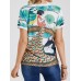 Cartoon Cat Girl Print O  neck Short Sleeve Casual T  shirt For Women